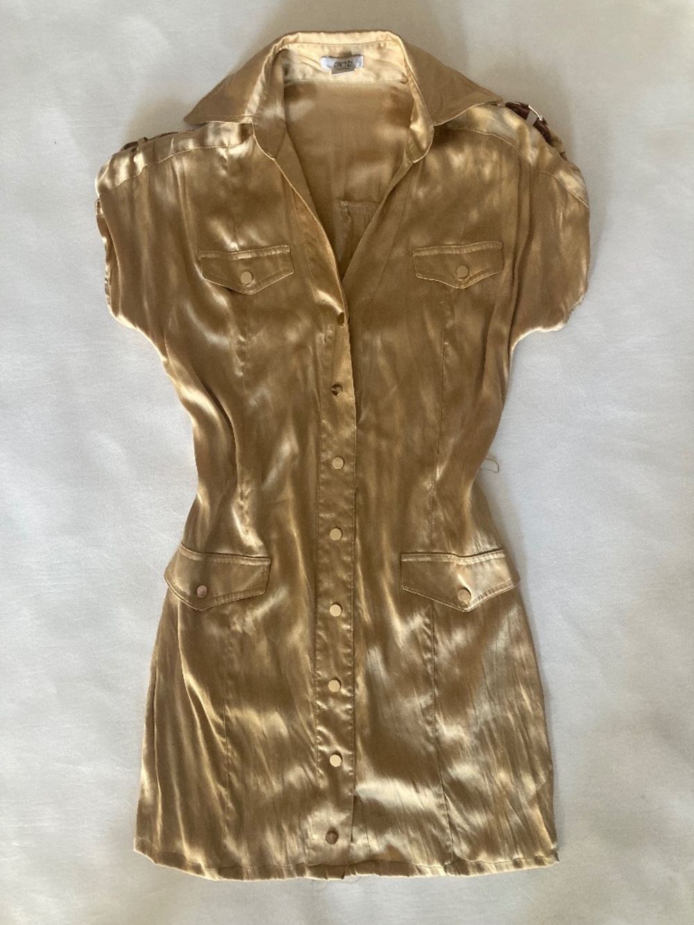 Cache gold silk satin button blouse tunic top dress XS 0 2